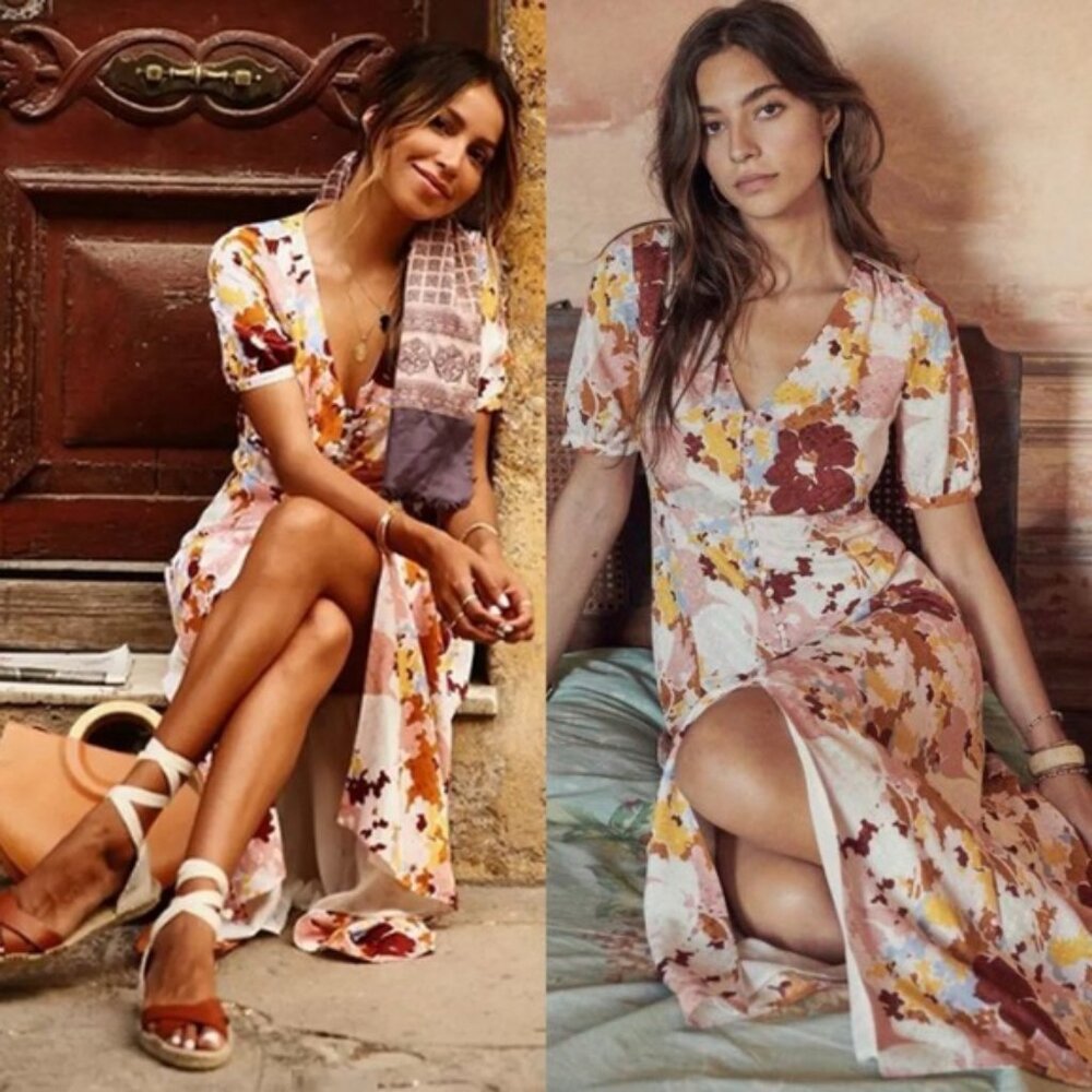 Sezane 100% Silk Sollie Maxi Dress Floral Watercolour Size 36 French US 4 Boho
